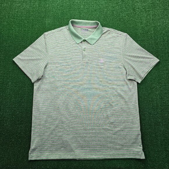 Izod Polo Shirt Mens Large Green Striped Short Sleeve Golf Summer Casual‎ Preppy - Picture 1 of 8